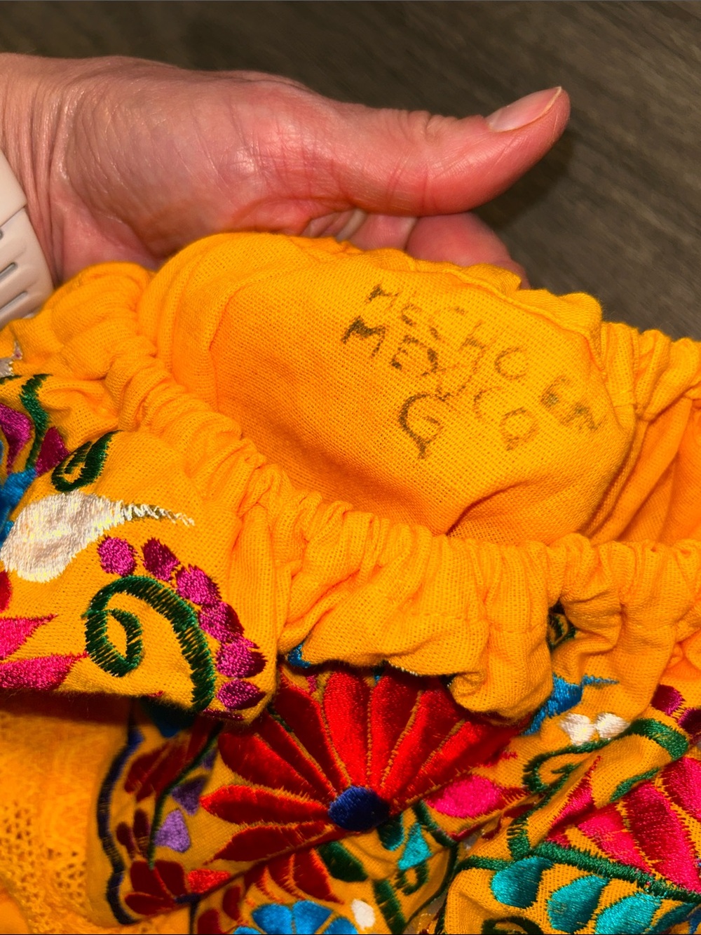 Mexican Embroidered Off Shoulder Oaxaca Peasant Dress Bright Yellow Floral M/L - Picture 3 of 8